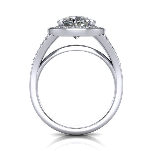 Reign oval halo engagement ring in 18K White Gold with bold squared pavé halo and split shank, through-finger front profile showing the pavé under-gallery