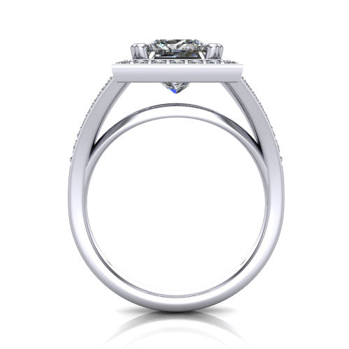 Reign princess halo engagement ring in 14K White Gold with bold squared pavé halo and split shank, through-finger front profile showing the pavé under-gallery