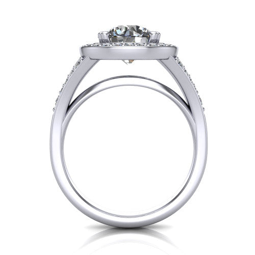Reign round halo engagement ring in Platinum with bold squared pavé halo and split shank, through-finger front profile showing the pavé under-gallery