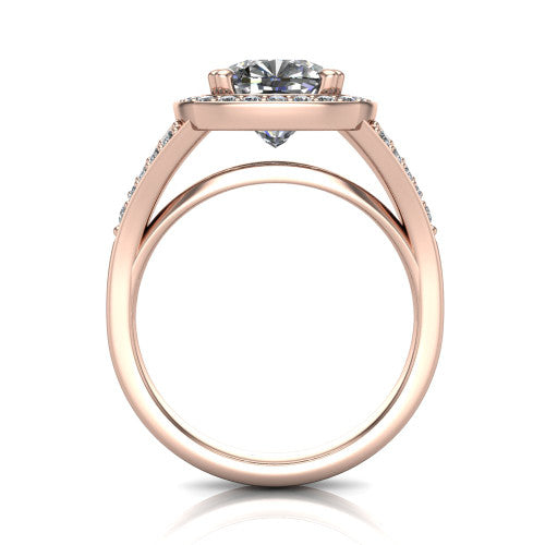Reign cushion halo engagement ring in 18K Rose Gold with bold squared pavé halo and split shank, through-finger front profile showing the pavé under-gallery