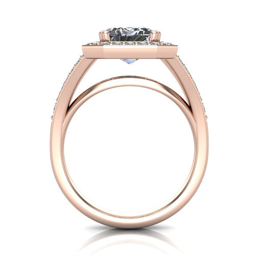 Reign emerald halo engagement ring in 14K Rose Gold with bold squared pavé halo and split shank, through-finger front profile showing the pavé under-gallery