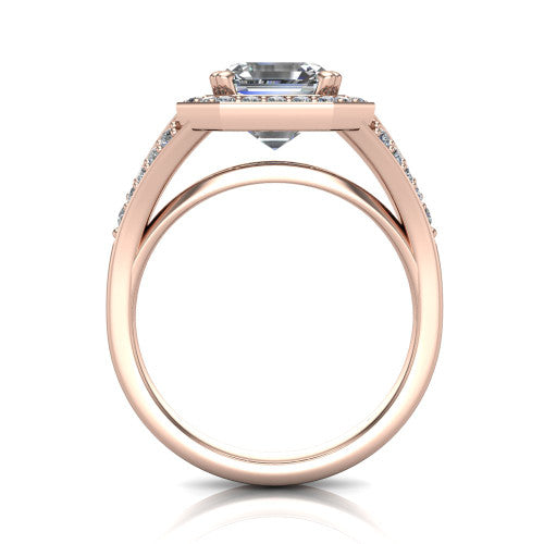 Reign asscher halo engagement ring in 14K Rose Gold with bold squared pavé halo and split shank, through-finger front profile showing the pavé under-gallery