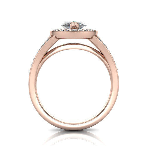 Reign marquise halo engagement ring in 18K Rose Gold with bold squared pavé halo and split shank, through-finger front profile showing the pavé under-gallery