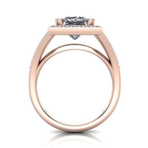 Reign princess halo engagement ring in 14K Rose Gold with bold squared pavé halo and split shank, through-finger front profile showing the pavé under-gallery