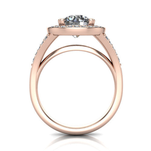 Reign round halo engagement ring in 18K Rose Gold with bold squared pavé halo and split shank, through-finger front profile showing the pavé under-gallery