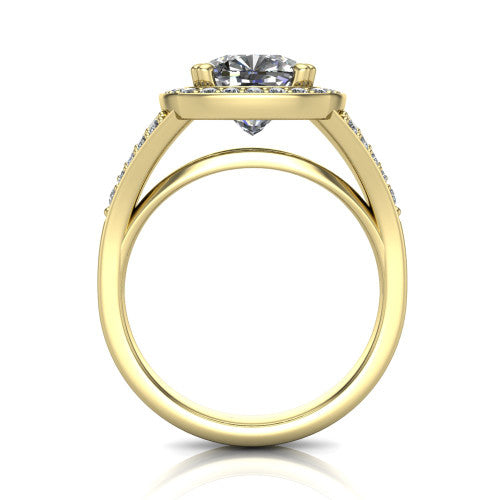 Reign cushion halo engagement ring in 18K Yellow Gold with bold squared pavé halo and split shank, through-finger front profile showing the pavé under-gallery
