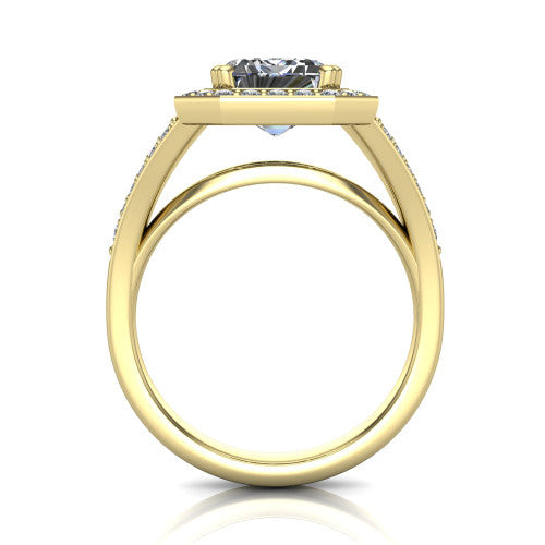 Reign emerald halo engagement ring in 18K Yellow Gold with bold squared pavé halo and split shank, through-finger front profile showing the pavé under-gallery