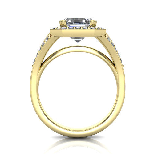 Reign asscher halo engagement ring in 18K Yellow Gold with bold squared pavé halo and split shank, through-finger front profile showing the pavé under-gallery