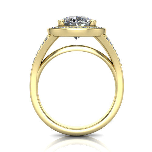 Reign oval halo engagement ring in 18K Yellow Gold with bold squared pavé halo and split shank, through-finger front profile showing the pavé under-gallery