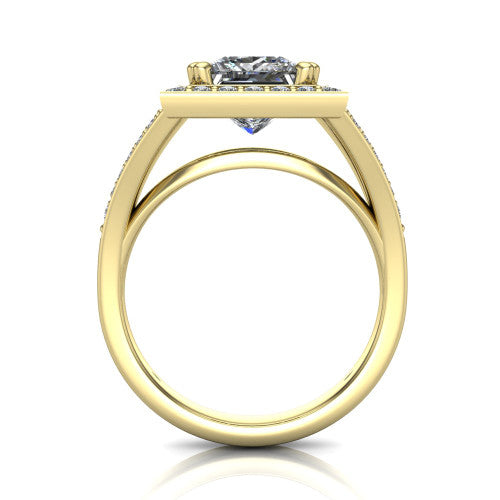 Reign princess halo engagement ring in 14K Yellow Gold with bold squared pavé halo and split shank, through-finger front profile showing the pavé under-gallery