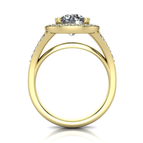 Reign round halo engagement ring in 18K Yellow Gold with bold squared pavé halo and split shank, through-finger front profile showing the pavé under-gallery