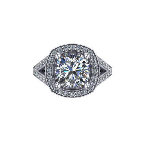 Reign cushion halo engagement ring in 18K White Gold with bold squared pavé halo and split shank, top-down view of the bold squared halo and pavé split shank