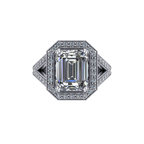 Reign emerald halo engagement ring in 14K White Gold with bold squared pavé halo and split shank, top-down view of the bold squared halo and pavé split shank