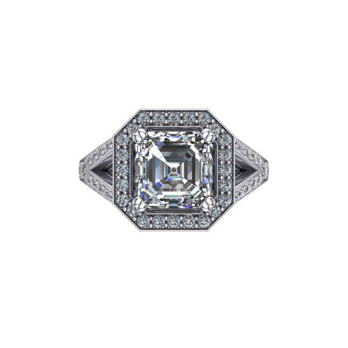 Reign asscher halo engagement ring in Platinum with bold squared pavé halo and split shank, top-down view of the bold squared halo and pavé split shank