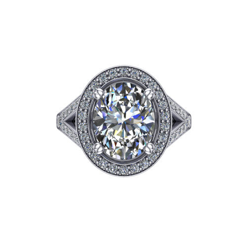 Reign oval halo engagement ring in 18K White Gold with bold squared pavé halo and split shank, top-down view of the bold squared halo and pavé split shank