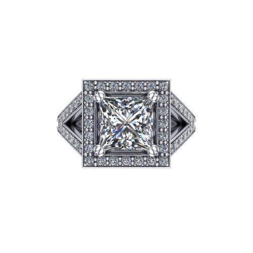 Reign princess halo engagement ring in 14K White Gold with bold squared pavé halo and split shank, top-down view of the bold squared halo and pavé split shank
