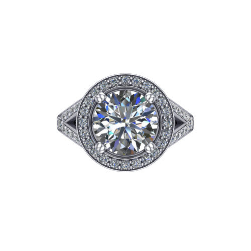 Reign round halo engagement ring in Platinum with bold squared pavé halo and split shank, top-down view of the bold squared halo and pavé split shank
