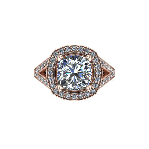 Reign cushion halo engagement ring in 14K Rose Gold with bold squared pavé halo and split shank, top-down view of the bold squared halo and pavé split shank