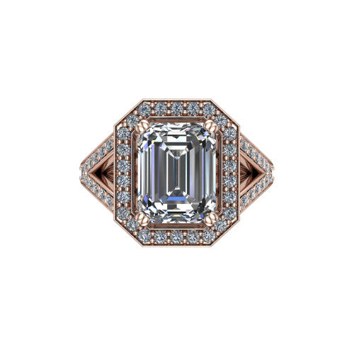 Reign emerald halo engagement ring in 14K Rose Gold with bold squared pavé halo and split shank, top-down view of the bold squared halo and pavé split shank