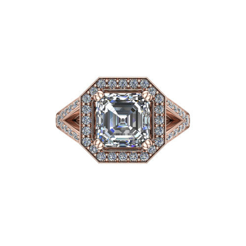 Reign asscher halo engagement ring in 18K Rose Gold with bold squared pavé halo and split shank, top-down view of the bold squared halo and pavé split shank
