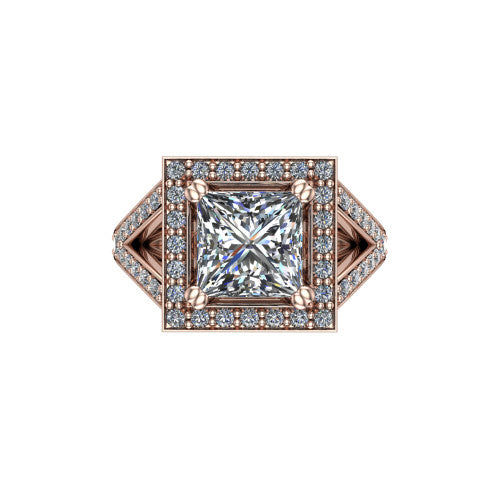 Reign princess halo engagement ring in 18K Rose Gold with bold squared pavé halo and split shank, top-down view of the bold squared halo and pavé split shank
