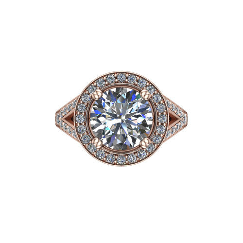 Reign round halo engagement ring in 18K Rose Gold with bold squared pavé halo and split shank, top-down view of the bold squared halo and pavé split shank