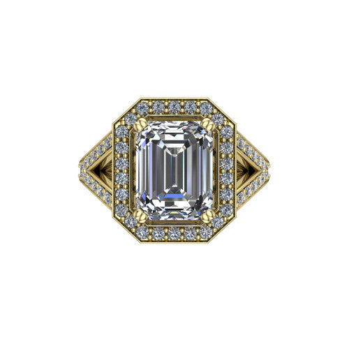 Reign emerald halo engagement ring in 18K Yellow Gold with bold squared pavé halo and split shank, top-down view of the bold squared halo and pavé split shank