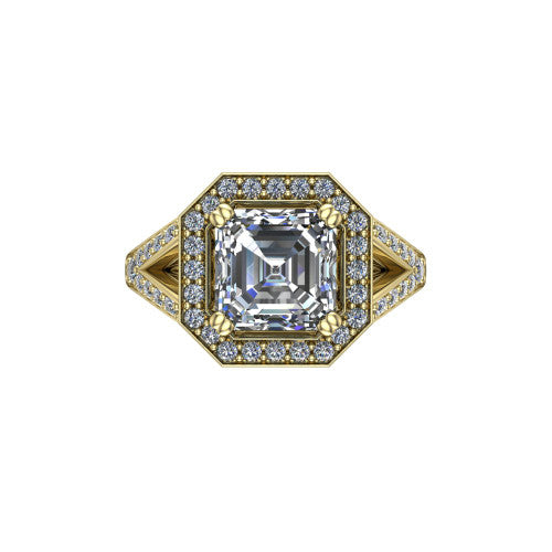 Reign asscher halo engagement ring in 18K Yellow Gold with bold squared pavé halo and split shank, top-down view of the bold squared halo and pavé split shank