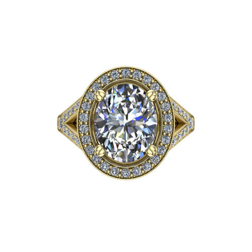 Reign oval halo engagement ring in 14K Yellow Gold with bold squared pavé halo and split shank, top-down view of the bold squared halo and pavé split shank