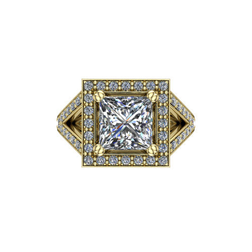 Reign princess halo engagement ring in 18K Yellow Gold with bold squared pavé halo and split shank, top-down view of the bold squared halo and pavé split shank
