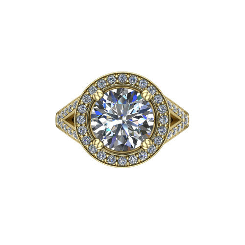 Reign round halo engagement ring in 14K Yellow Gold with bold squared pavé halo and split shank, top-down view of the bold squared halo and pavé split shank