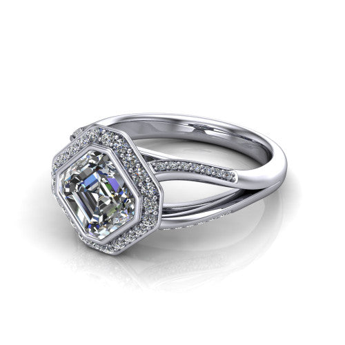 Cali Square Emerald Shape Halo Engagement Ring in 14K White Gold