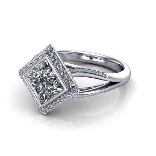 Cali Princess Shape Halo Engagement Ring in 18K White Gold