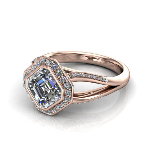 Cali Square Emerald Shape Halo Engagement Ring in 14K Rose Gold