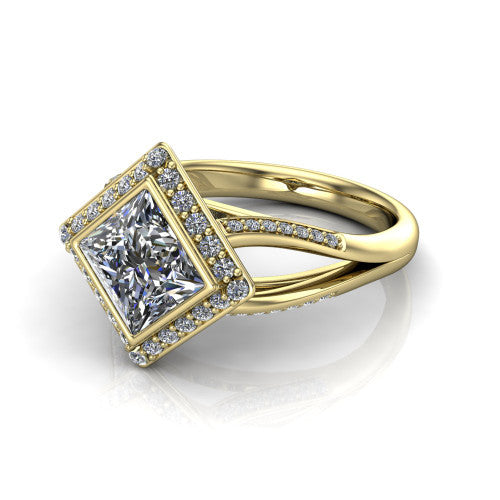 Cali Princess Shape Halo Engagement Ring in 14K Yellow Gold