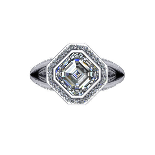 Cali Square Emerald Shape Halo Engagement Ring in 18K White Gold