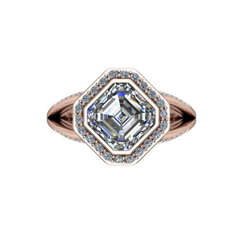 Cali Square Emerald Shape Halo Engagement Ring in 18K Rose Gold