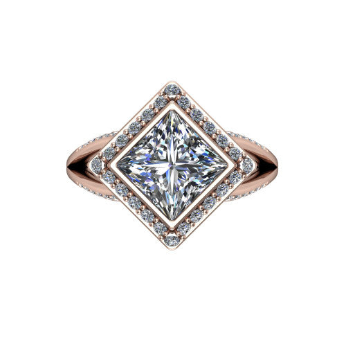 Cali Princess Shape Halo Engagement Ring in 18K Rose Gold