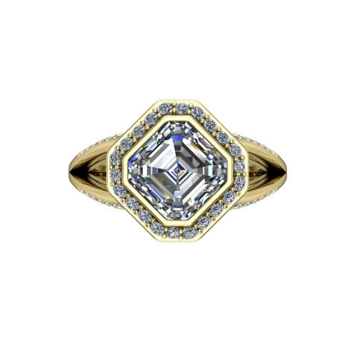 Cali Square Emerald Shape Halo Engagement Ring in 18K Yellow Gold