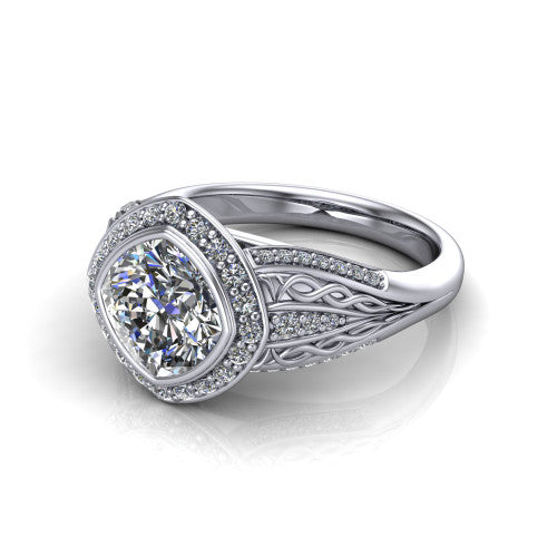 Meadow cushion vintage halo engagement ring in 14K White Gold with diagonal pavé halo and engraved filigree band, three-quarter perspective view