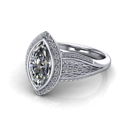 Meadow marquise vintage halo engagement ring in 14K White Gold with diagonal pavé halo and engraved filigree band, three-quarter perspective view