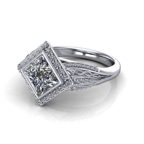 Meadow princess vintage halo engagement ring in Platinum with diagonal pavé halo and engraved filigree band, three-quarter perspective view
