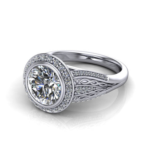 Meadow round vintage halo engagement ring in Platinum with diagonal pavé halo and engraved filigree band, three-quarter perspective view