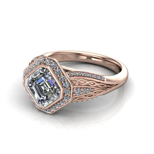Meadow asscher vintage halo engagement ring in 14K Rose Gold with diagonal pavé halo and engraved filigree band, three-quarter perspective view