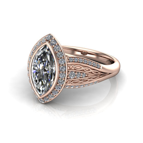 Meadow marquise vintage halo engagement ring in 18K Rose Gold with diagonal pavé halo and engraved filigree band, three-quarter perspective view