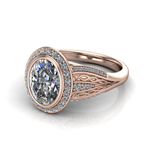 Meadow oval vintage halo engagement ring in 14K Rose Gold with diagonal pavé halo and engraved filigree band, three-quarter perspective view