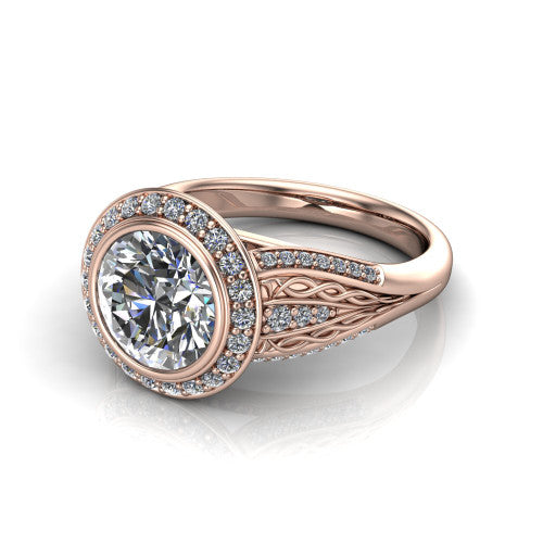 Meadow round vintage halo engagement ring in 18K Rose Gold with diagonal pavé halo and engraved filigree band, three-quarter perspective view