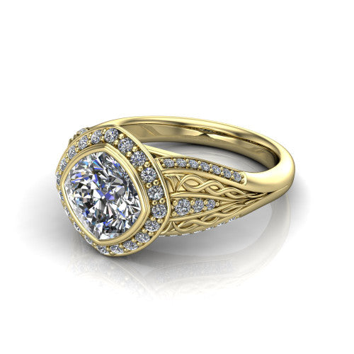 Meadow cushion vintage halo engagement ring in 14K Yellow Gold with diagonal pavé halo and engraved filigree band, three-quarter perspective view