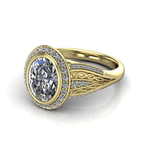 Meadow oval vintage halo engagement ring in 14K Yellow Gold with diagonal pavé halo and engraved filigree band, three-quarter perspective view