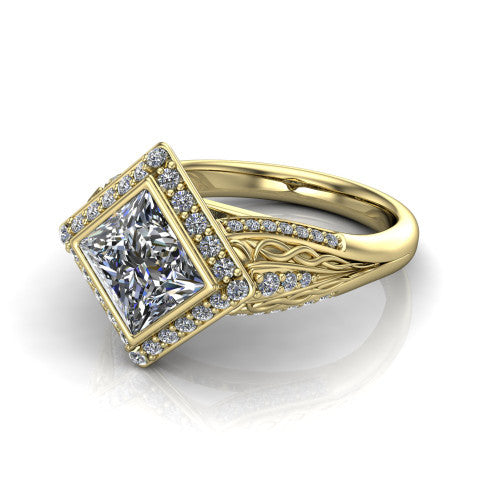 Meadow princess vintage halo engagement ring in 14K Yellow Gold with diagonal pavé halo and engraved filigree band, three-quarter perspective view